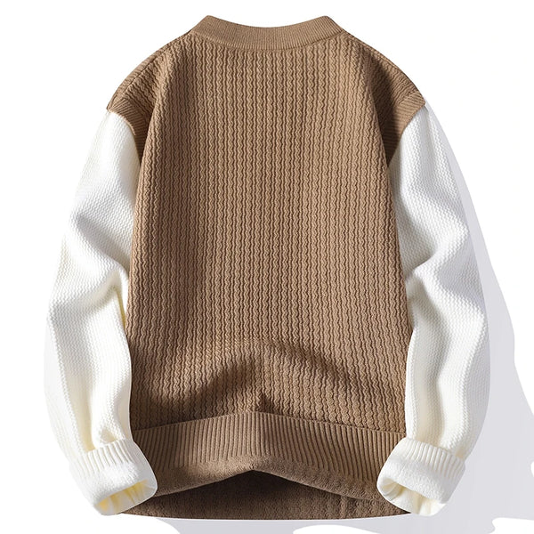 Mens Crew Neck Patchwork Sweater Long Sleeve Knit Pullover Casual