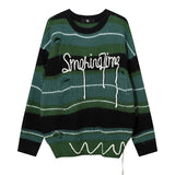 Striped Ripped Sweater Loose Round Neck Pullover Winter Streetwear