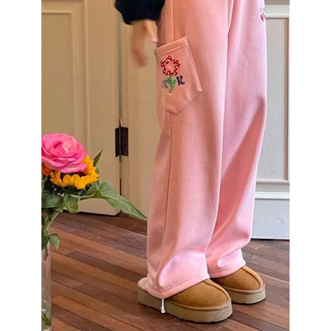 Women Fleece Kawaii Wide Leg Pants Casual