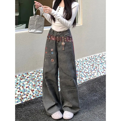 Women's Y2K Wide Leg Applique Denim Jeans