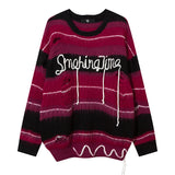 Striped Ripped Sweater Loose Round Neck Pullover Winter Streetwear