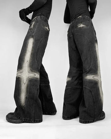 2024 Hip Hop Punk Patchwork Ripped Rock Goth Y2k Wide Leg Length Denim Streetwear