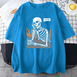 Skeletons In Meditation And Keep Alone Prints Mans Cotton Short Sleeve Personality Street Hip Hop