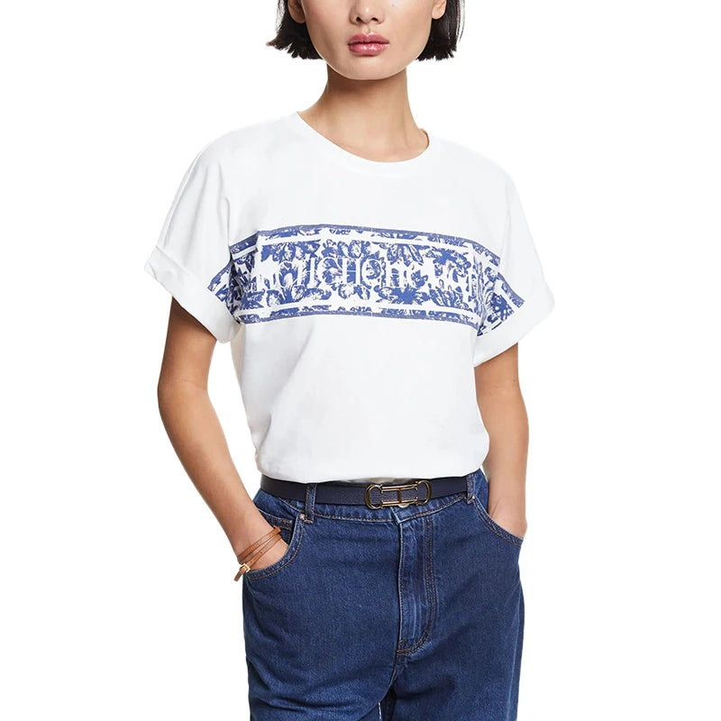 Women's Summer Cotton Tee O-Neck Letter Print Basic Top