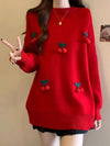 Women’s Christmas Red Cherry Sweater – Cute Long Sleeve Winter Pullover
