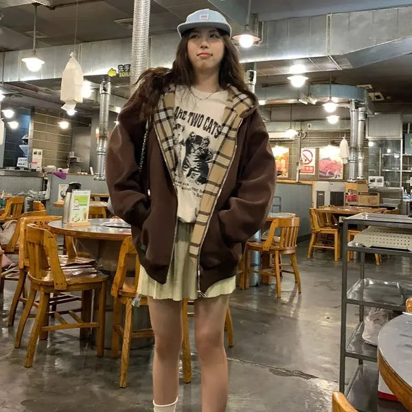 Oversized Brown Zip Up Hoodie Women Lattice Stitching Fall Jacket