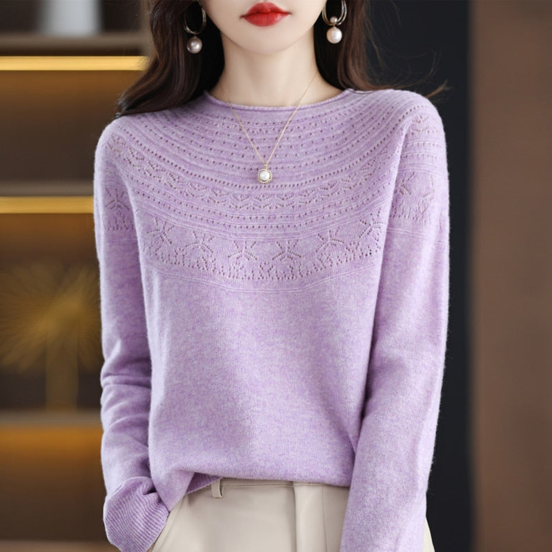 Autumn Winter New Seamless One-Line Pullover WooL Round S Neck UpperBody Hollow - xinnzy