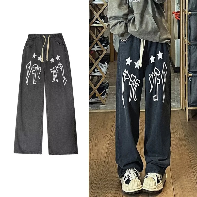 Gothic Star Print Baggy Jeans Men's Y2K Streetwear