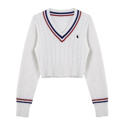 Korean Fashion Sweaters Women Autumn V-neck Y2K Cartoon Embroidery