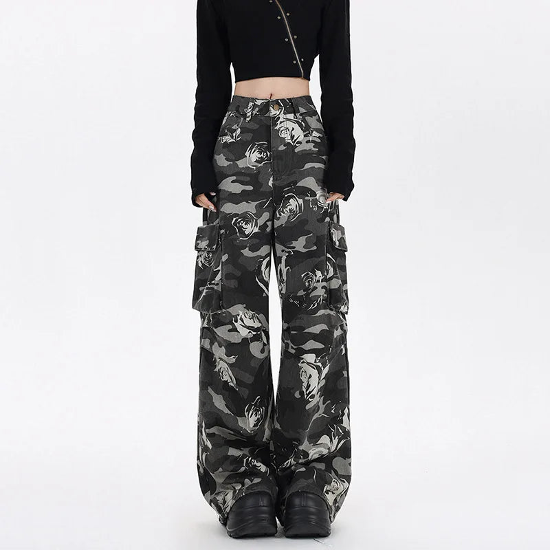 Women's High Waist Camouflage Cargo Jeans Straight Leg Streetwear