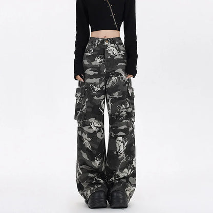 Women's High Waist Camouflage Cargo Jeans Straight Leg Streetwear