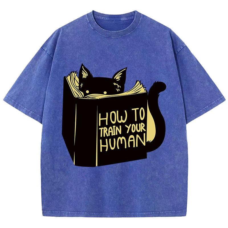 Smart Cat Reading Print T-Shirt Men Summer Vintage Water Wash