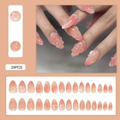 24pcs White Flower Fake Nail Tips Ins Yellow Pink Blush False Nails