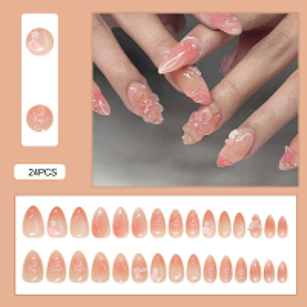 24pcs White Flower Fake Nail Tips Ins Yellow Pink Blush False Nails
