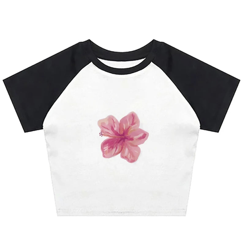 Retro EMO Girl Croptop Short Sleeve Flower Print Aesthetic