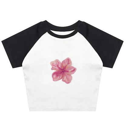 Retro EMO Girl Croptop Short Sleeve Flower Print Aesthetic
