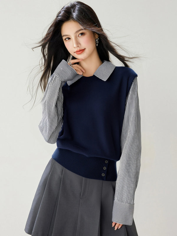 Womens Mock Layered Sweater Shirt Collar Knit Fall Top