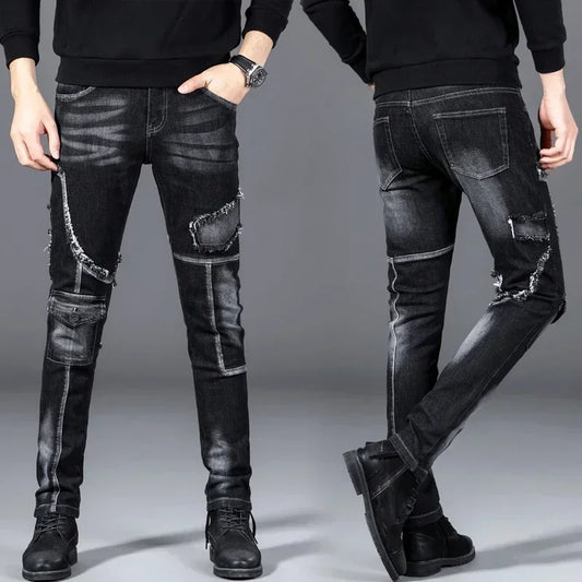 Patchwork Black Stretch Hip Hop Motocycle Jeans