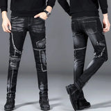 Patchwork Schwarze Stretch Hip Hop Motorrad Jeans