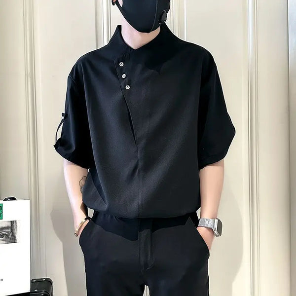 Mens Stand Collar Shirt Short Sleeve Graphic Print Summer Casual