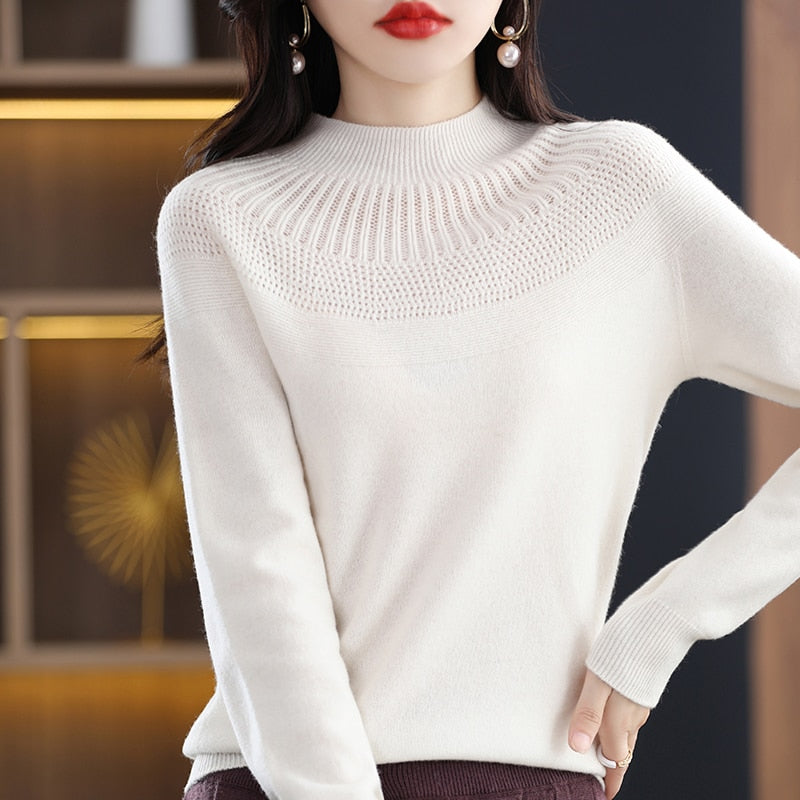 Cashmere knitting sweater high collar merino wool high collar slim soft long sleeve pullover top - xinnzy