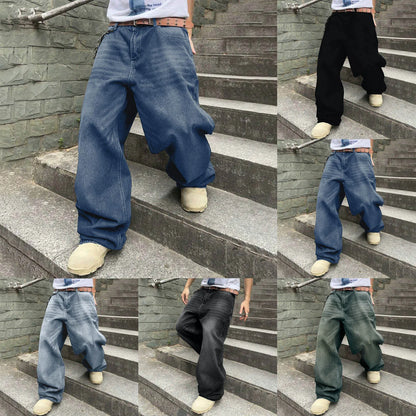 Men Baggy Denim Pants Wide Leg High Waist Belt Casual Trousers
