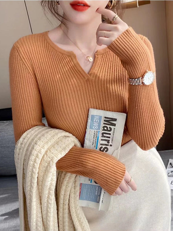 V Neck Sweater Women Knit Pullover Fall Winter Solid Color Top