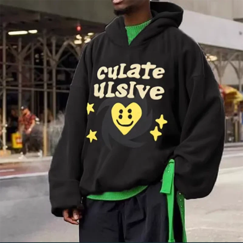 High Street Oversized Hoodie Yellow Stars Puff Print Pullover