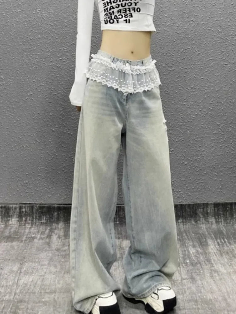 Women's Y2K Lace Patchwork High Waist Jeans