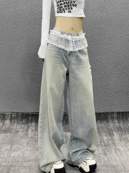 Women's Y2K Lace Patchwork High Waist Jeans