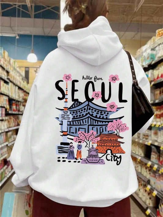 Seoul Scenery Print Fleece Hoodie Women Casual