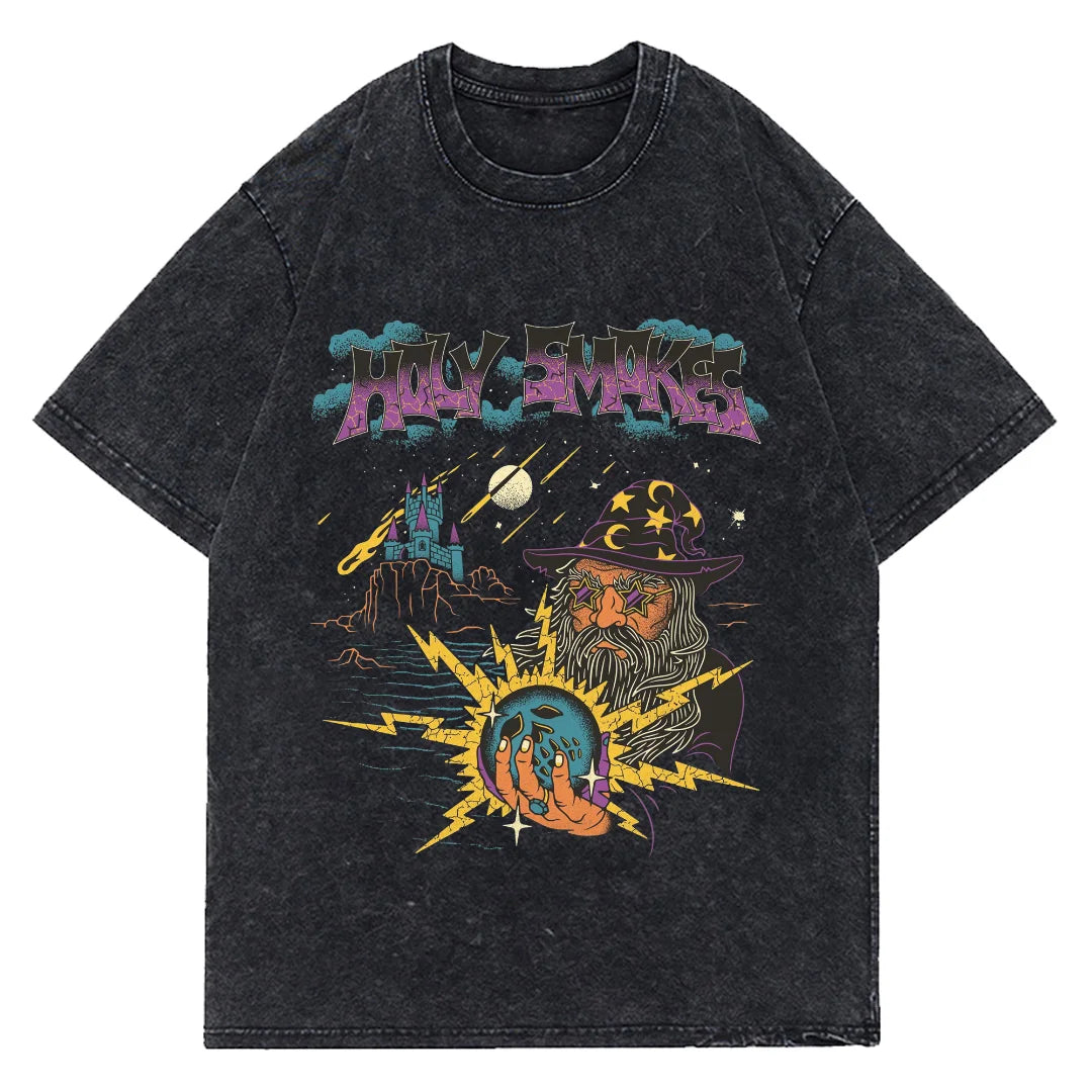 Magic Ball Attack Vintage T-Shirt Men Washed Loose Summer Streetwear