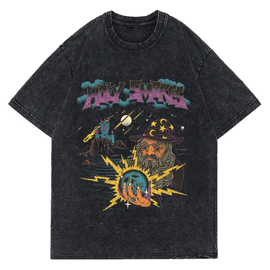 Magic Ball Attack Vintage T-Shirt Men Washed Loose Summer Streetwear