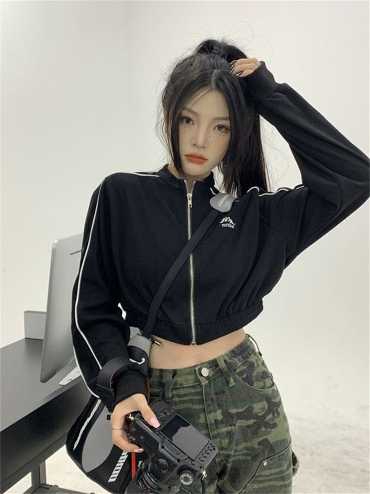 Hoodie Women Vintage Korean Fashion Striped Black Jackets Female Kpop