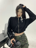 Hoodie Frauen Vintage Koreanische Mode Gestreifte Schwarze Jacken Weibliche Kpop