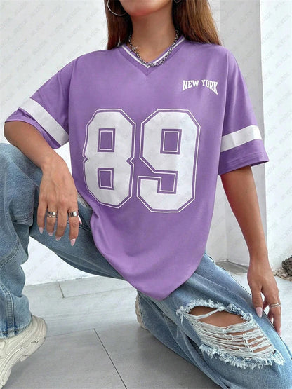 New York 89 Graphic Tee - Women's Harajuku V-Neck Top