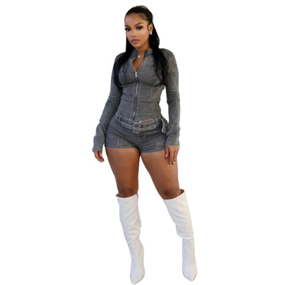 Y2K Jean Outfit Women Zip Up Jacket & Shorts Set Streetwear Style