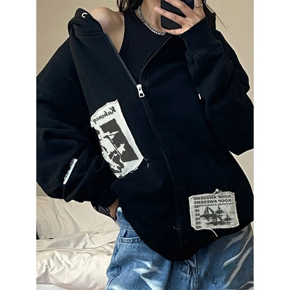 Hoodie Grunge Aesthetic Clothes Oversized Sweatshirt with Zipper Vintage