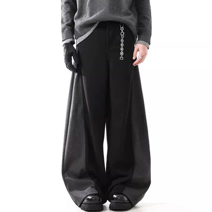 Mens Wool Pants Contrast Patchwork Wide Leg Straight Fit Trousers