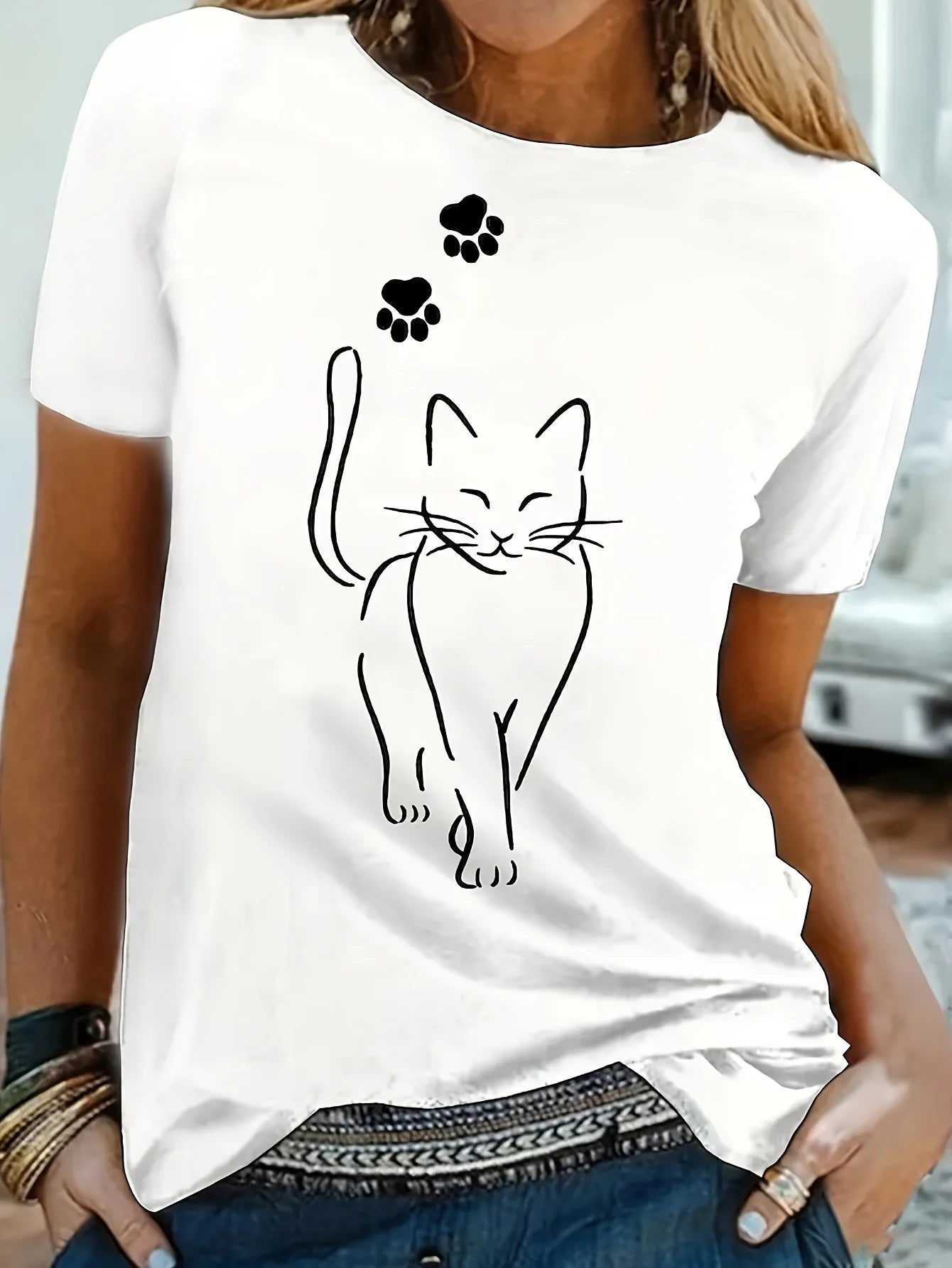 Cat Print T-shirt Short Sleeve Crew Neck Casual Women's Clothing