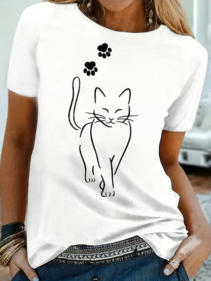 Cat Print T-shirt Short Sleeve Crew Neck Casual Women's Clothing