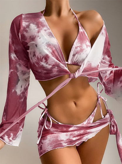 Swimsuit Women Tie Dye Bikini Print Long Sleeve Swimwear String Low Waist