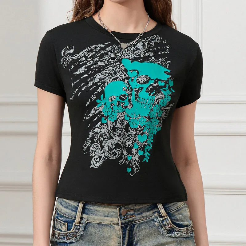 Y2K Skull Print T-Shirt Women’s Slim Fit Summer Streetwear Club Top