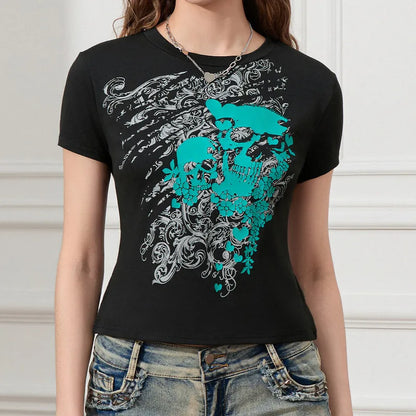 Y2K Skull Print T-Shirt Women’s Slim Fit Summer Streetwear Club Top