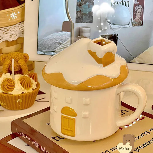 ingerbread House Ceramic Coffee Mug with Lid Cute Kitchen Drinkware