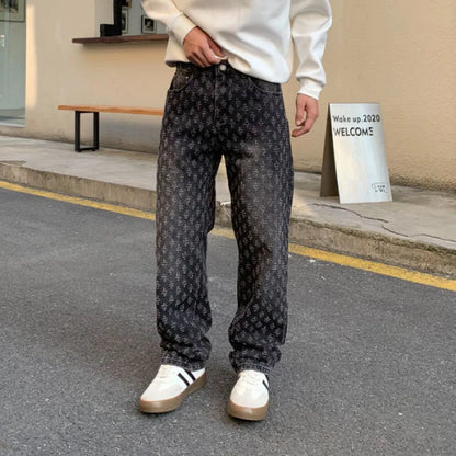 American Style Red Jeans Men's Street Fashion Loose Embroidery Wide Leg