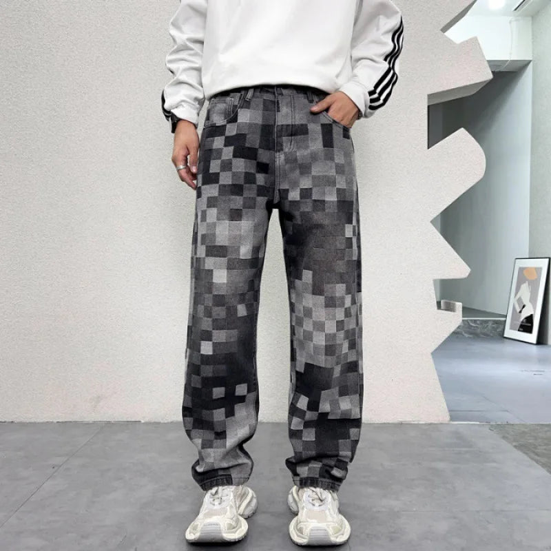 Men’s Light Luxury Mosaic Printed Jeans Retro Loose Wide-Leg Denim Trousers