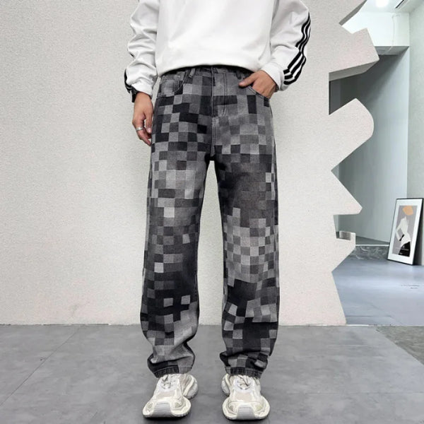 Men’s Light Luxury Mosaic Printed Jeans Retro Loose Wide-Leg Denim Trousers