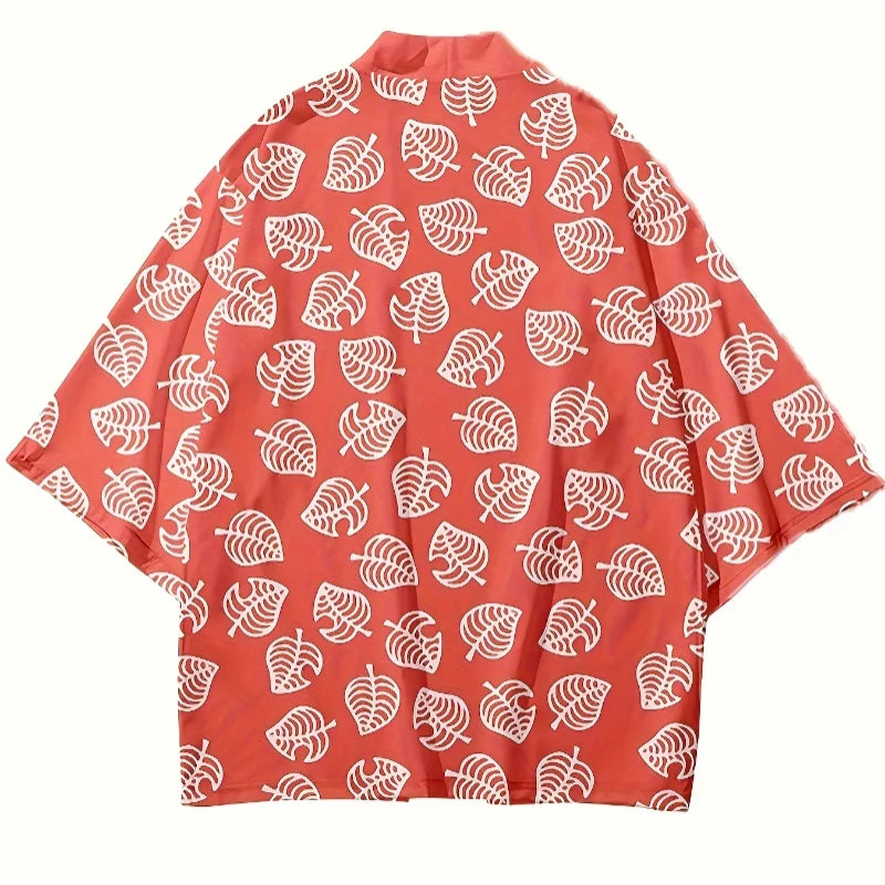 Leaf Print Haori Kimono Cosplay Costume Men Green Japanese Traditional