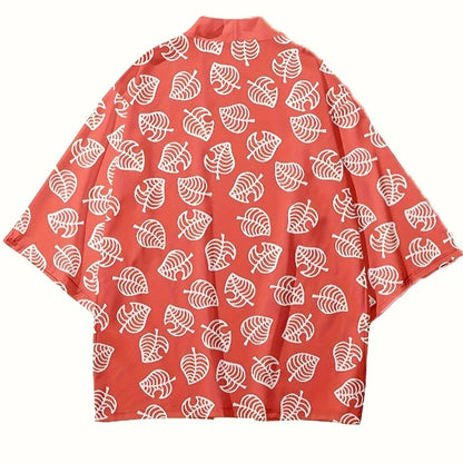 Leaf Print Haori Kimono Cosplay Costume Men Green Japanese Traditional